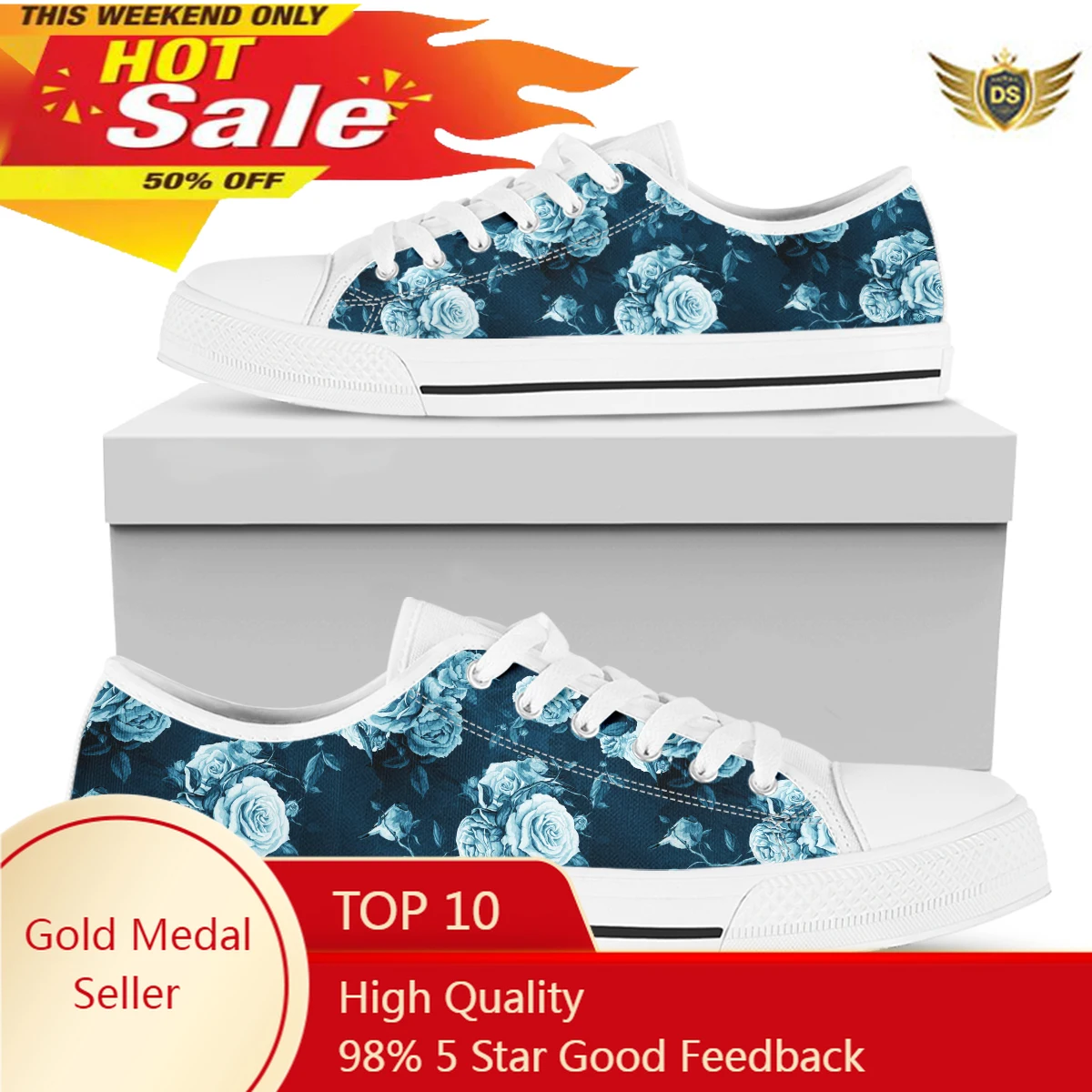 

Vintage Blue Rose Flower Print Woman Lace Up Low Top Canvas Shoes Autumn Spring Vulcanized Shoes Comfortable Sneakers