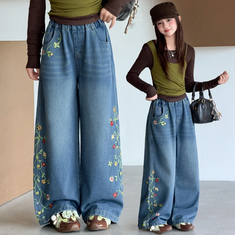 Girls Floral Embroidery Wide Leg Jeans Kids Elastic Waist Denim Pants Children Casual Trousers 6-14Y Spring Autumn