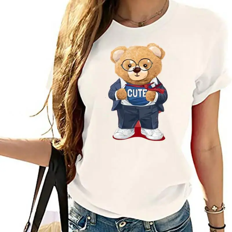 

100% Cotton Spectacles Bear Short Sleeve T-Shirt Women's Half Sleeve Summer Casual Fashion Ladies T-Shirt Ladies Top Shirt S-4XL