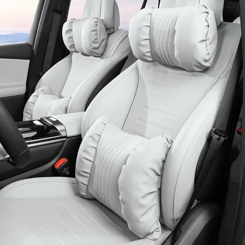 Juego de reposacabezas y almohada lumbar de cuero Nappa de lujo, suave y transpirable, con soporte para el cuello, compatible co