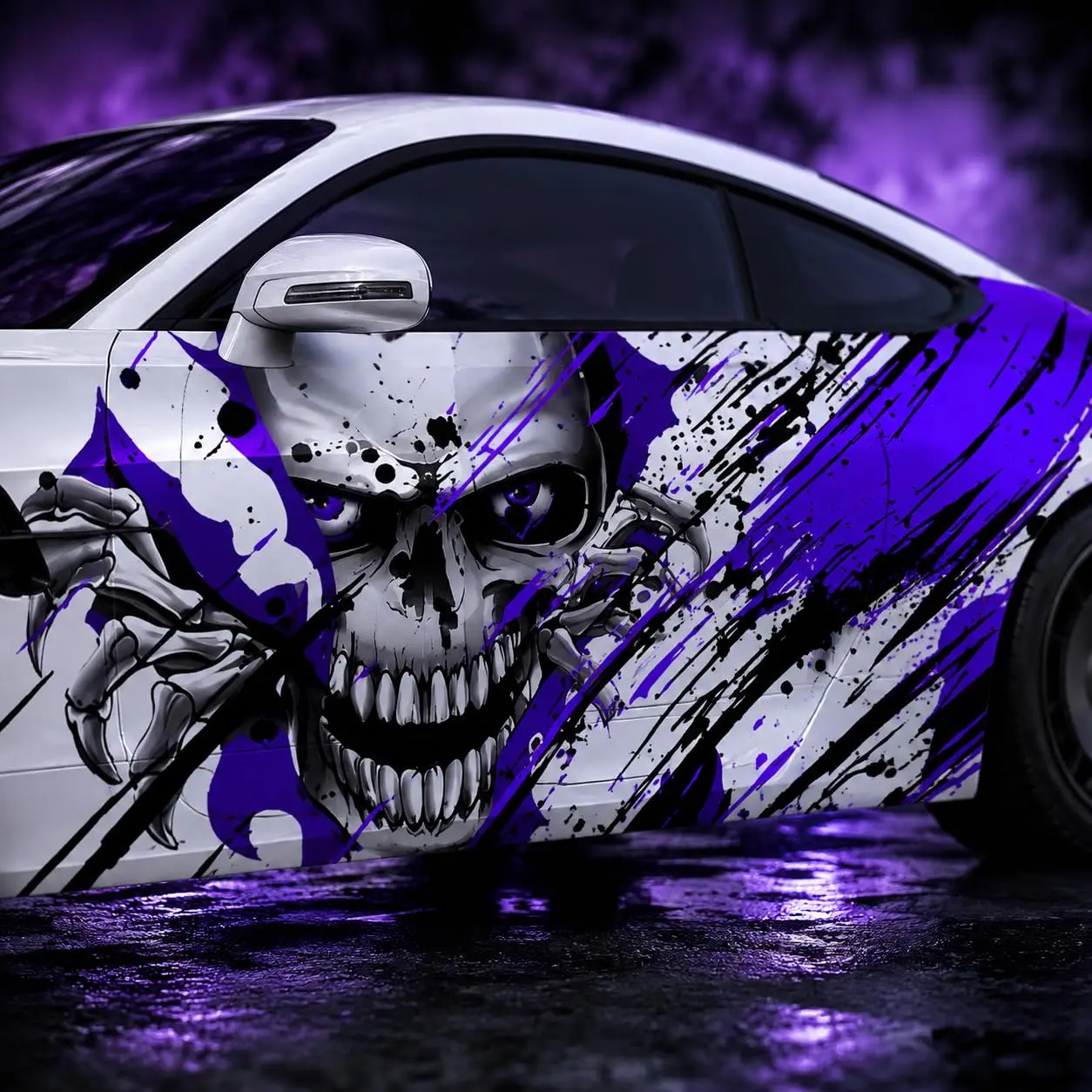 2pcs Skull Car Wrap Vinyl Decal, Purple & Black Splatter Design