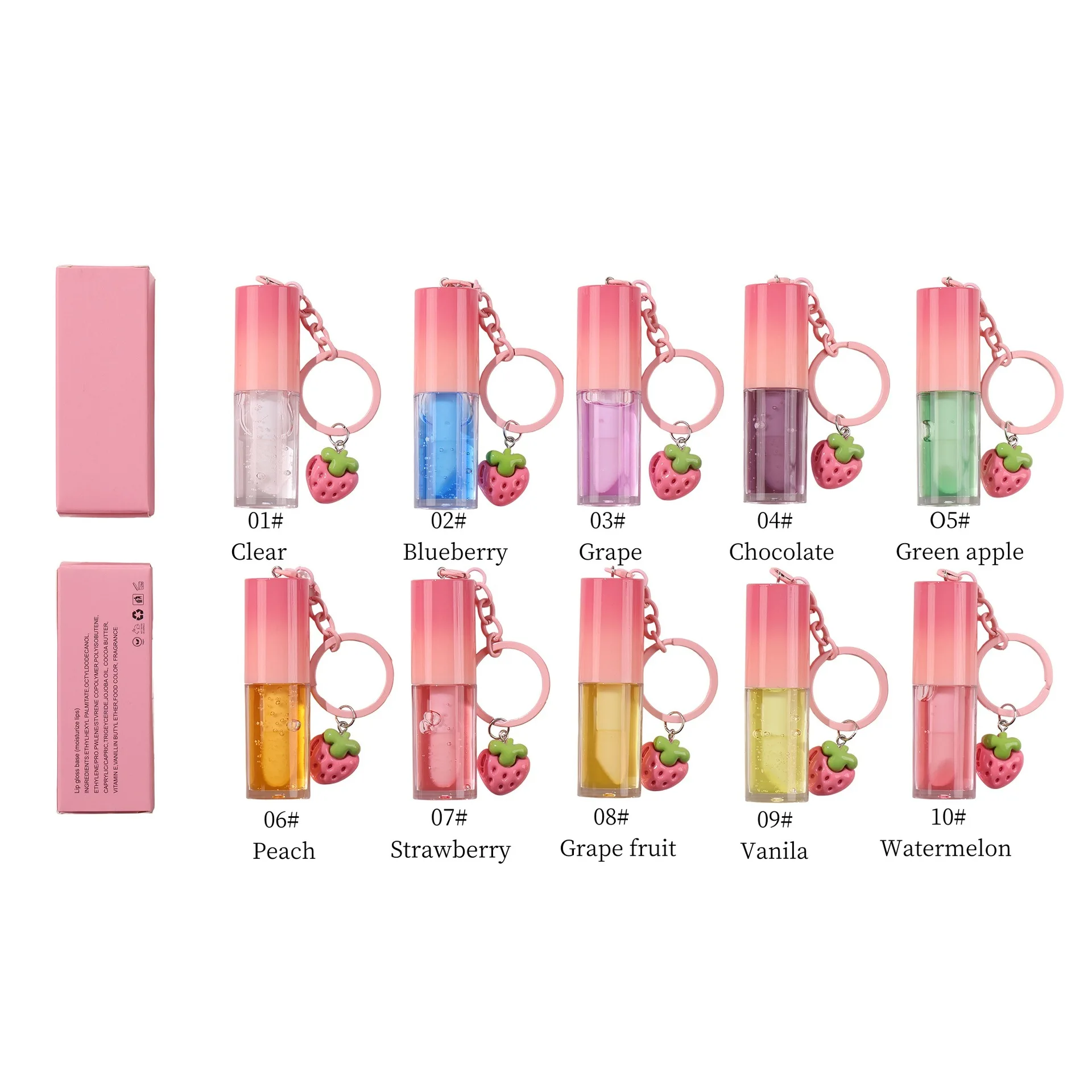 キーホルダー付きキッズリップグロス、ノーロゴプライベートラベルメイクアップリップグロス、ロゴ追加無料