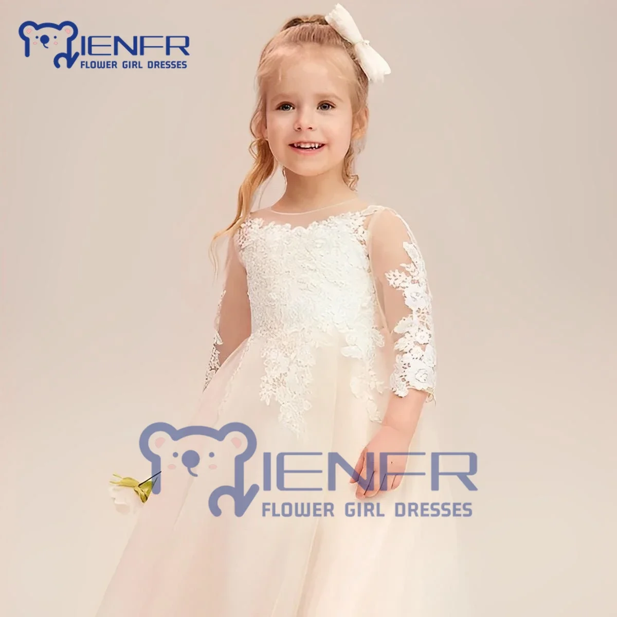 2023 Custom Champagne Lace Long Sleeve Floor Length Flower Girl Dresses for Weddings Bridesmaids First Communion Princess Dress