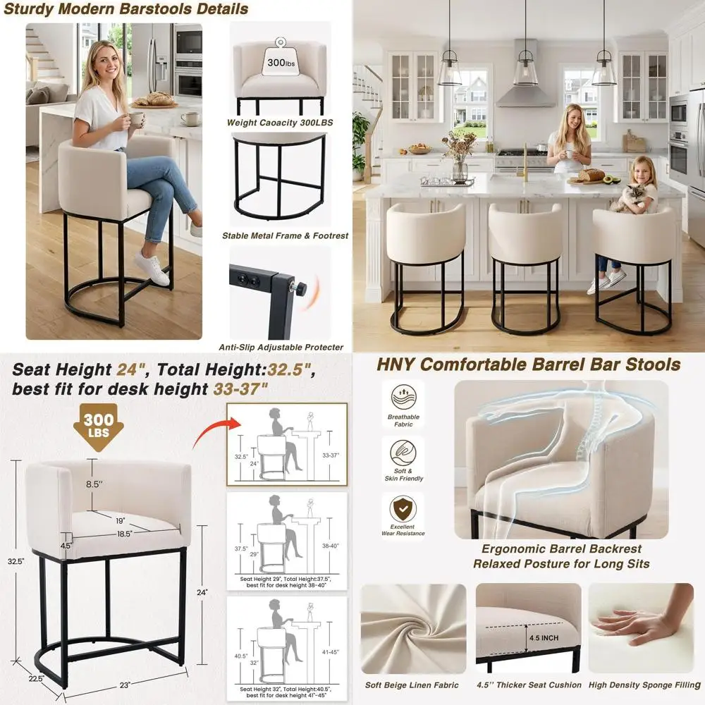 

Современные барные стулья с обивкой из льняной ткани, набор из 3 штук, высота 24 дюйма, для кухонного острова, с черным трубчатым каркасом, C