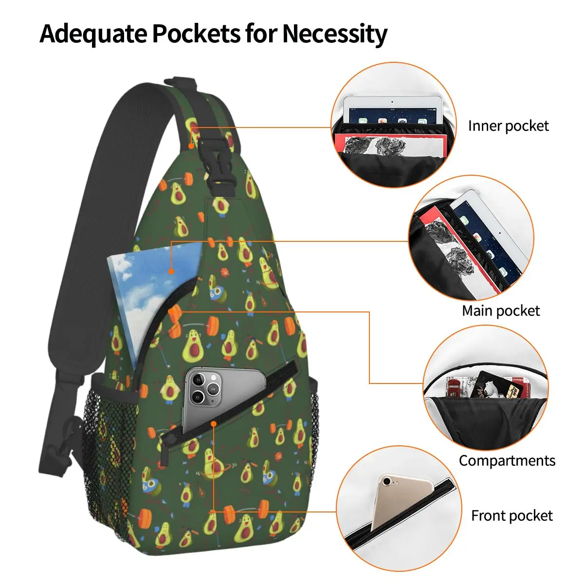 Avocardio Avocado Cardio Chest Bag Men Sling Crossbody Backpack Chest Bag Traveling Hiking Daypack Shoulder Bag