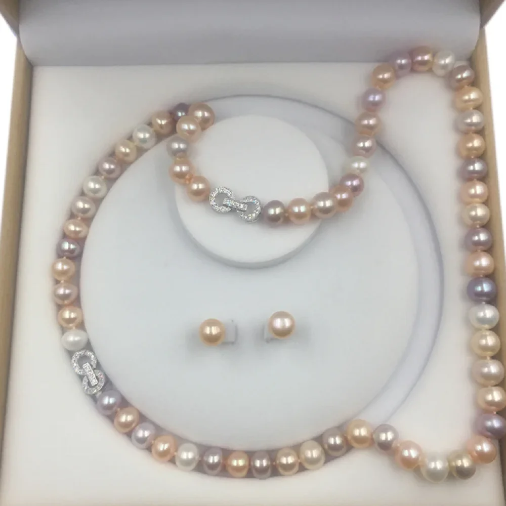 Beautiful AAAA 9-10mm round South Sea pearl bracelet7.5-8inch+necklace 18 inch+earring set suitable for mothers and ladies 925s