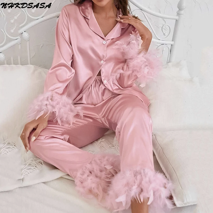 

NHKDSASA Feathers Sleepwear Female 2 Piece Set Long Sleeve Turn Down Collar Tops Satin Casual Women Sets With Pants Summer 2023