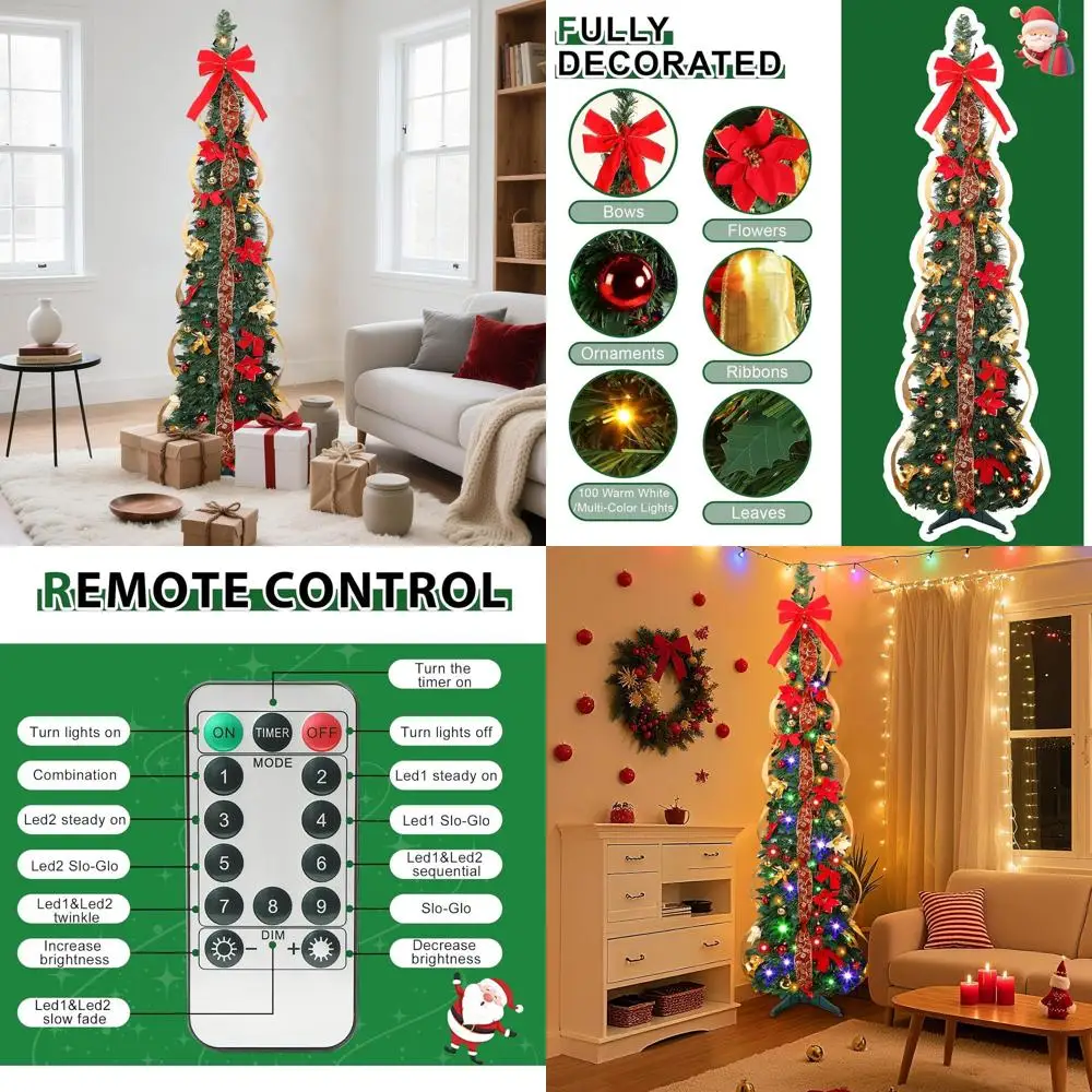 

6-Foot Slim Pre-Lit Artificial Christmas Tree with Remote, Red & Gold Decorations, Warm White and Multicolor Lights