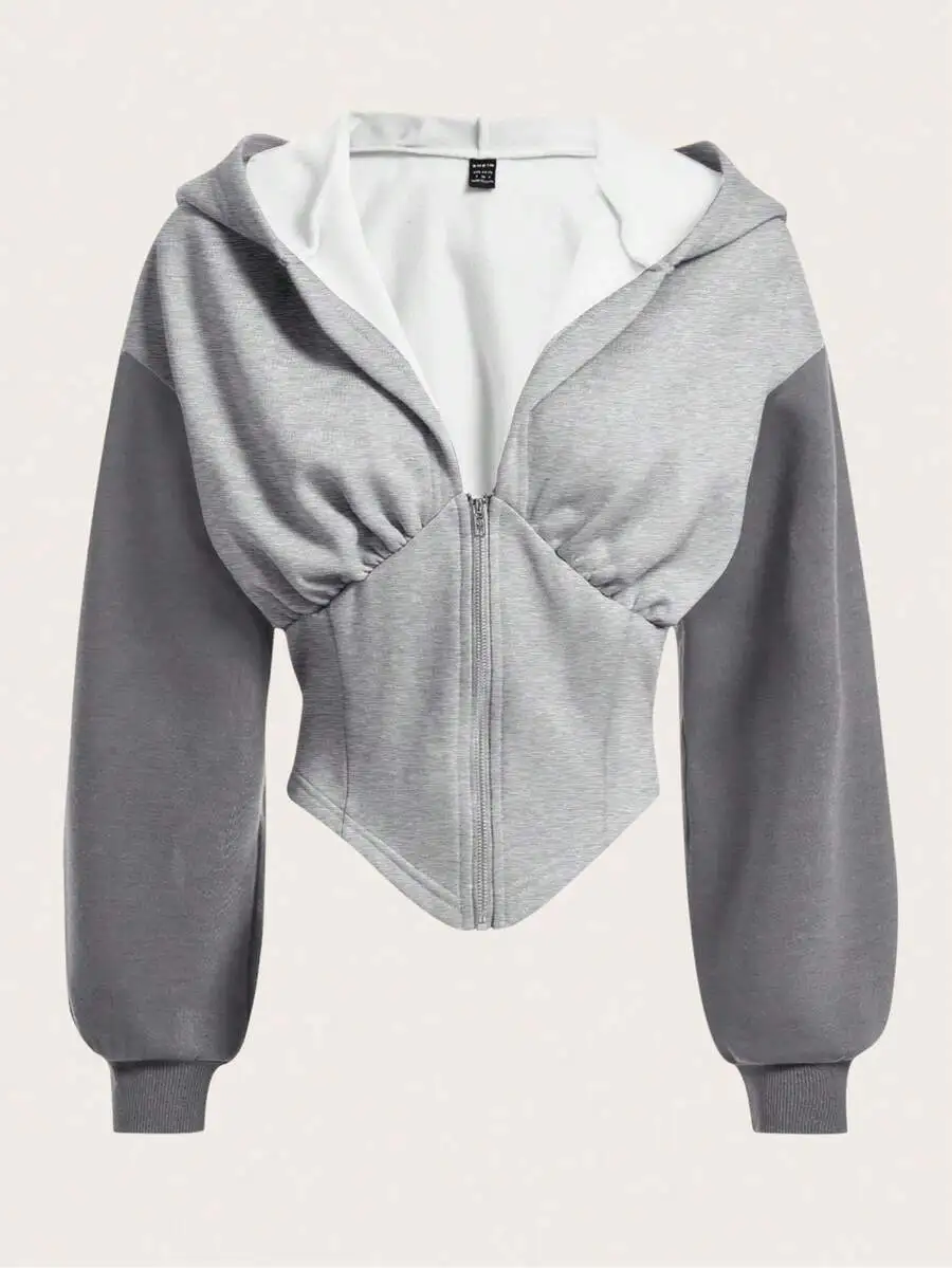 

Women's Cropped Hoodie with Zipper Front, Ruched Waist and Color Block Sleeves