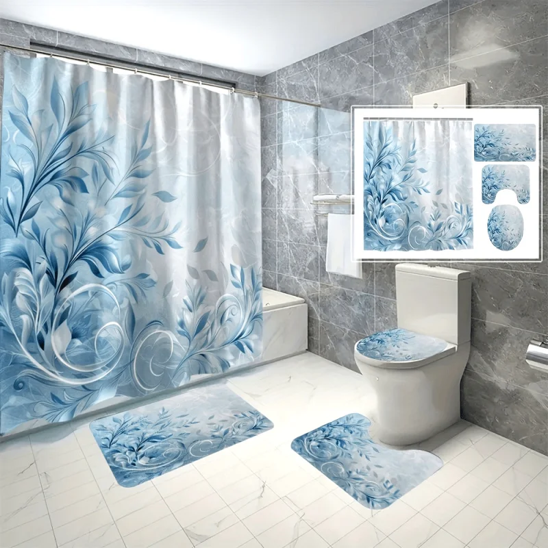 4pcs Waterproof Blue Grass Bathroom Curtain Set with Digital 3D Printing, Non-punching Shower Curtain