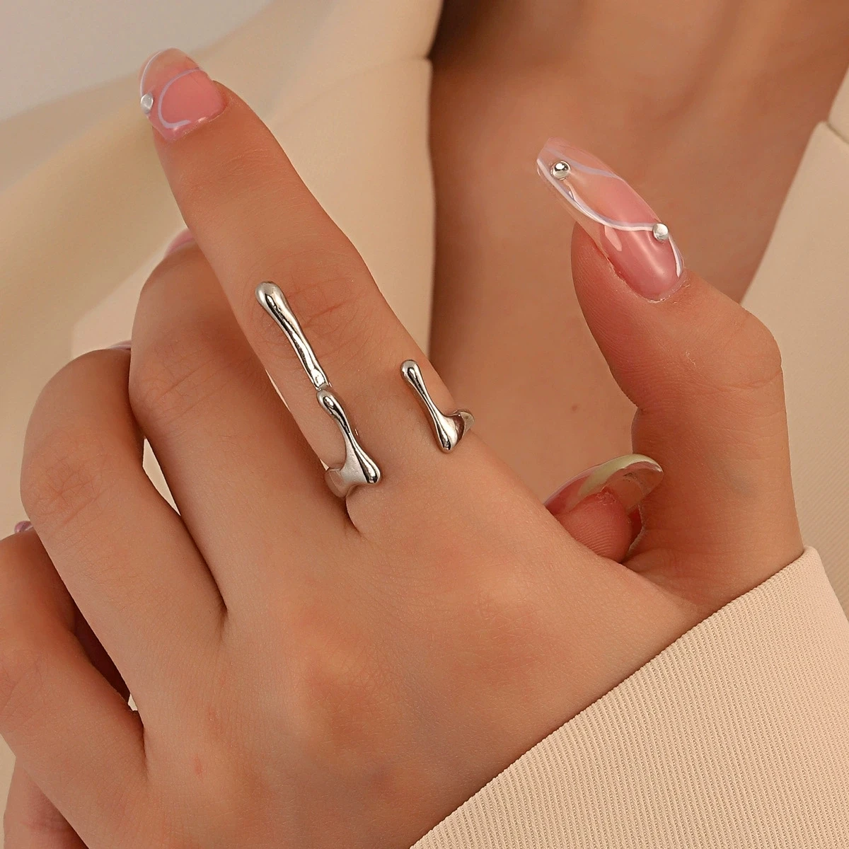 European and American style one character long strip women's open mouth ring, simple geometric magma flowing liquid metal ring