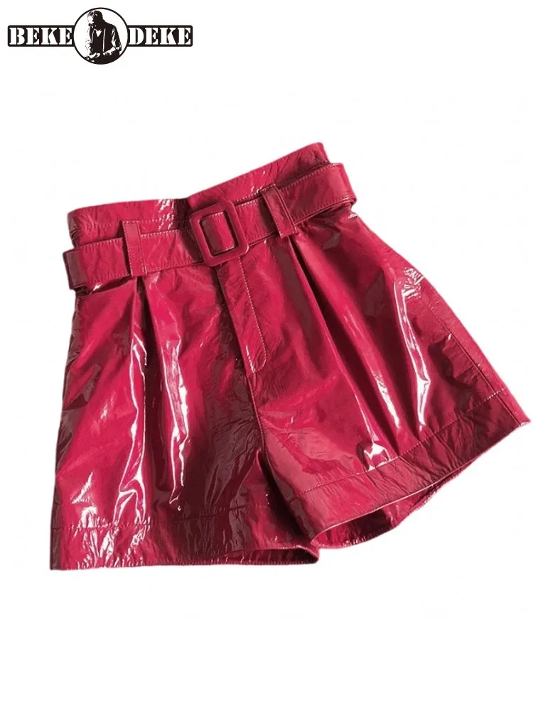 Street Women Genuine Leather Sheepskin Shorts Fashion High Waist Wide Leg Shorts Brand Red Black Sashes Casual Shorts Female