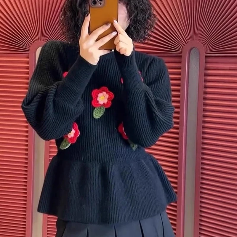 

Vintage Floral Knit Sweater Women Long Sleeve O Neck Small Fragrance Pullovers American Retro Casual Harajuku Knitwear Jumpers