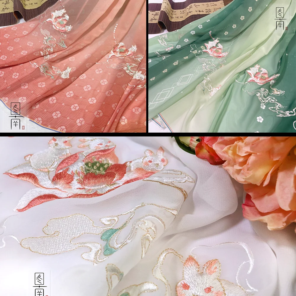 Chinese stlye Embroidered Panda Rabbit Camellia Chiffon Printed fabric for DIY dress 1order=1pc(size:100x150cm)