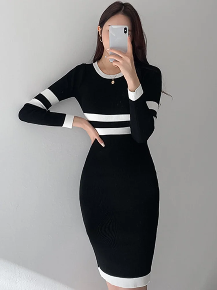 Stretch Knit Pencil Dress Spring Korean Version Pullover Full Sleeve Simple Color Matching High Waist Slim Elegant Office Dress