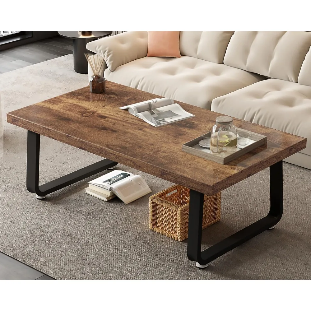 

Industrial Rectangle Center Table, Modern Minimalist Coffee Table for Living Room, Farmhouse Wood and Metal Cocktail Tea Table