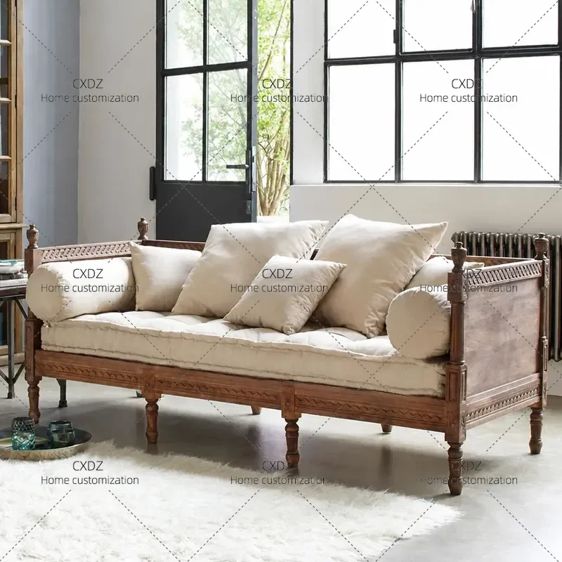 Solid Wood Carving Three Seater Flat Back Sofa Retro Nostalgic Wooden Fabric Button Tufted Couch for Villa Living Room