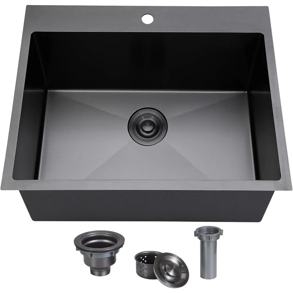 

18 Inch Drop In Black Bar Sink Single Bowl 16 Gauge Laundry Prep RV Sink with Strainer Drain