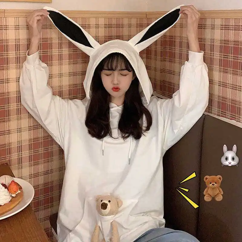 Autumn Winter Oversized Womens Hoodies Loose Sliming Pockets Bear Fashion Pullover Casual Hooded Jacket All-match Hoodie Women
