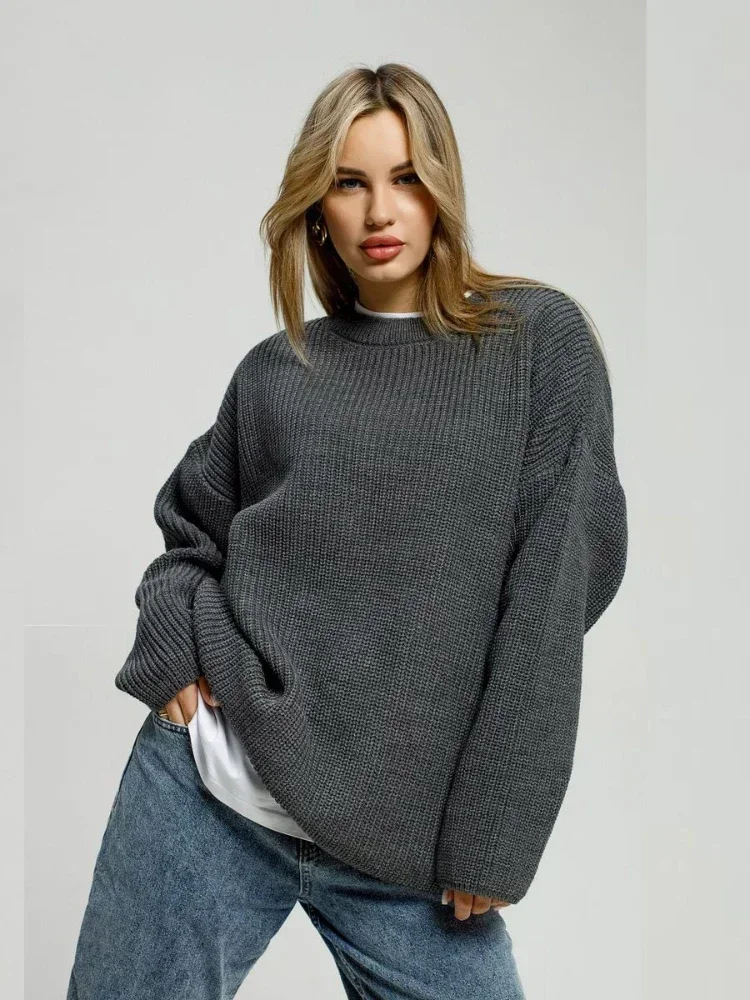 

2024 Autumn/Winter Casual Women's New Knitted Hoodie Round Neck Warm Commuting Style Long Sleeve Solid Color Oversized Sweater