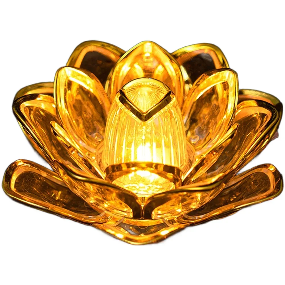LED Electronic Candle In Red Gold Lotus Flower Design Flameless Light For Buddha Offering Battery Powered Decorative Lamp