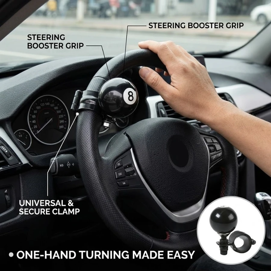 Black 8 Ball Steering Wheel Spinner Knob Universal Car Truck Tractor Power Booster Grip Turning Handle Accessory