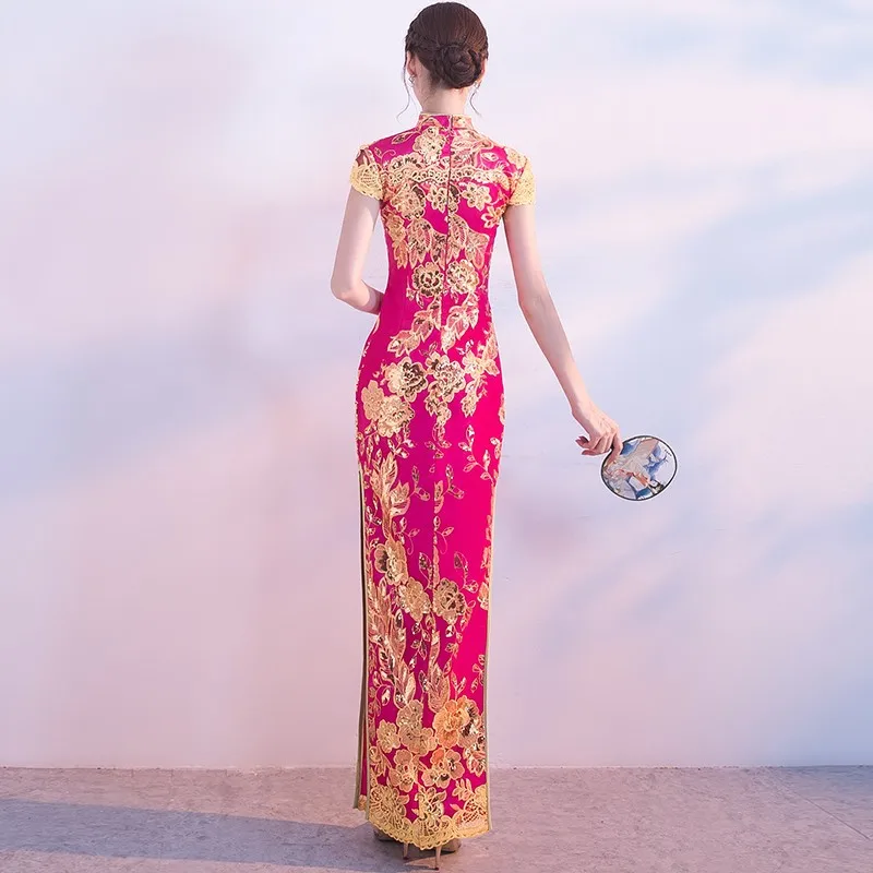 Qipao-Robe de Banquet Élégante à Paillettes pour Femme, Cheongsam Vintage, Col Mandarin, Style Chinois, Nouvelle Collection 2024