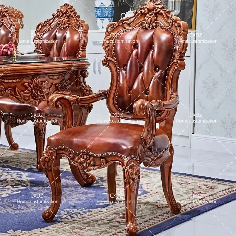Retro Solid Wood Carved Dining Chair with Leather Upholstery Armrest Back Support for Home Office Reception Negotiation