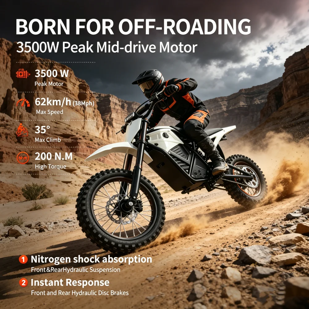 

White 3500W Peak Mid-Drive Electric Dirt Bike 48V 23AH Removable Battery 38MPH Max Speed 45Miles Range Hydraulic Disc Brakes IPX6 Waterproof 14/12 Inch Off-Road Tires with Adjustable Nitrogen Shock Suspension 3 Speed Modes Adult Off-Road Motorcycle