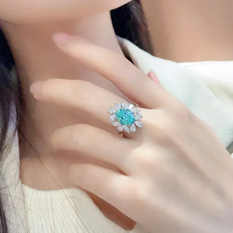 S925 خاتم الخطوبة الفضة للنساء ، شكل بيضاوي ، 4.364ct ، مختبر نمت ، Paraiba ، RUIF2023 ، رائجة البيع