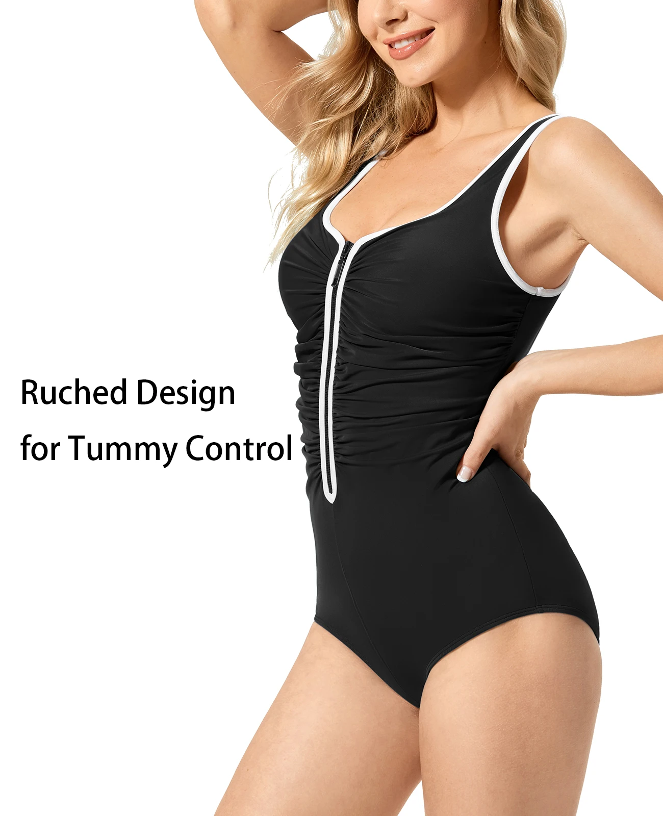 DELIMIRA Women\'s Plus Size One Piece Bathing Suit Swimsuit Tummy Control Front Zipper Swimwear Padded Built-in Cup Big Size