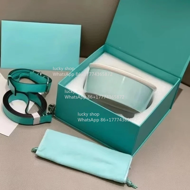 Pet Three-piece Bone China Dog Bowl Cat Bowl Rice Basin Contains 17.5CM Collar Traction Rope Gift Box