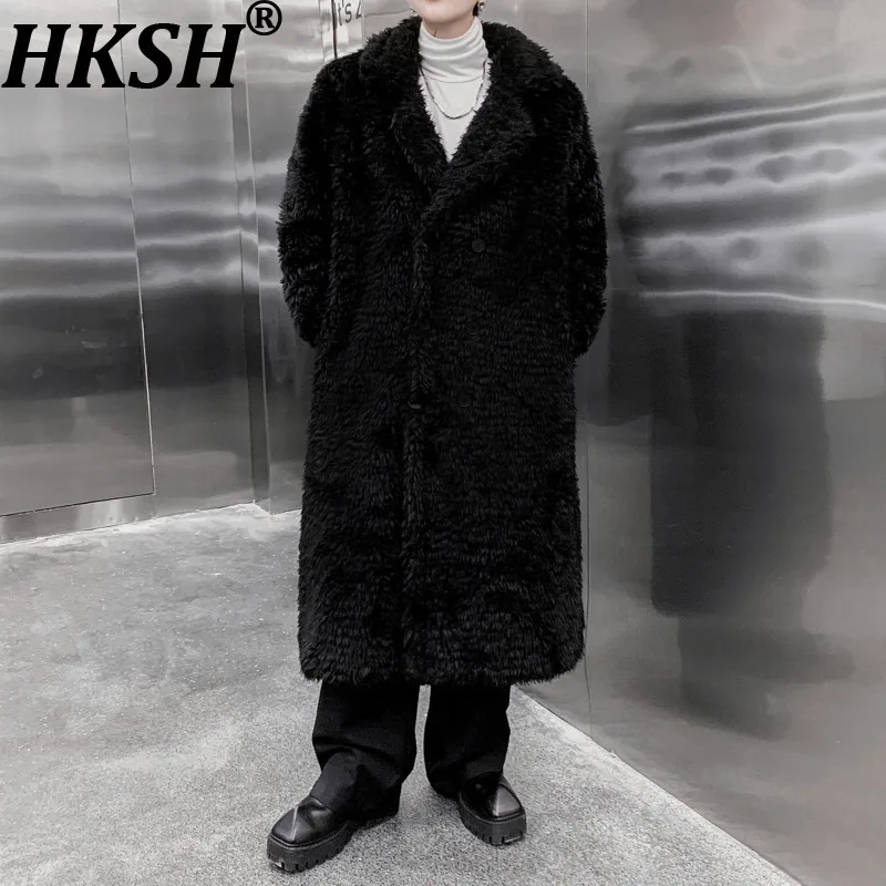 

HKSH Autumn Winter New Men Dark Style Mid-Calf Notched Collar Thicken Faux Fur Windbreaker Vintage Fashion Punk Overcoat HK15835