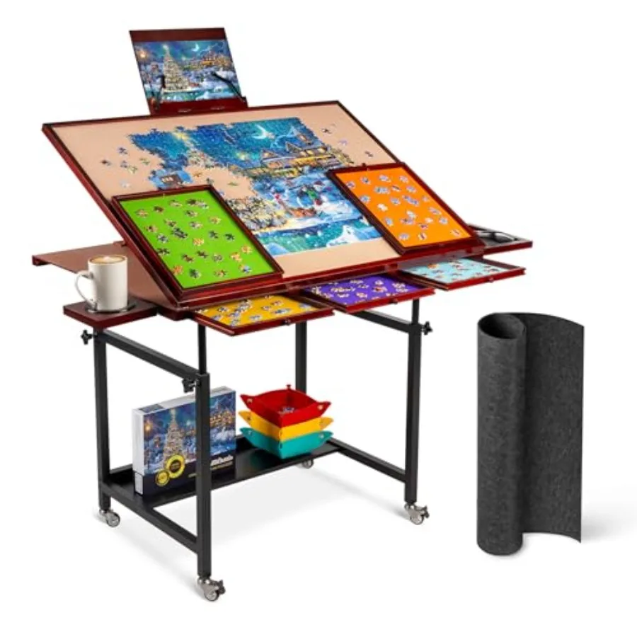 

1500 Piece Puzzle Table with 5 Drawers and Cover, Tilting Puzzle Board on Wheels with 3 Tilt Angles and Height Adjustments, wit