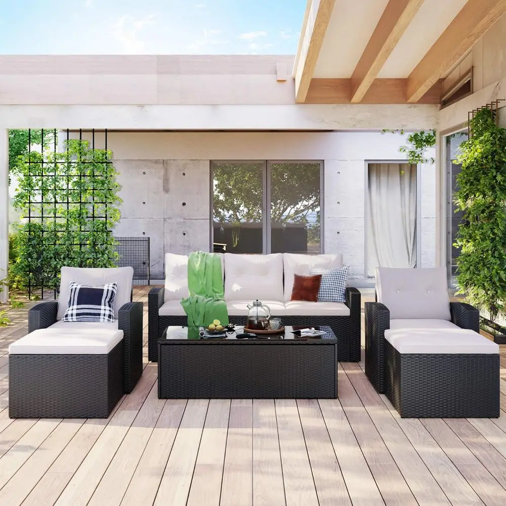 

6-Piece Outdoor Patio Wicker Sofa Sectional Set with Coffee Table, Ottomans, and Removable Cushions (Beige)