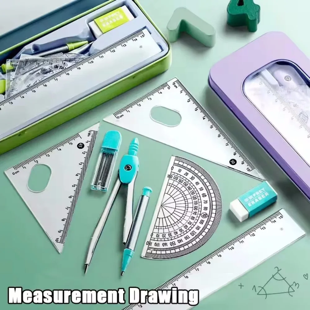 7pcs Student Ruler Set Geometric Mathematical Drawing Tool Set Multi-functional Compass Protractor Ruler Eraser School Supply