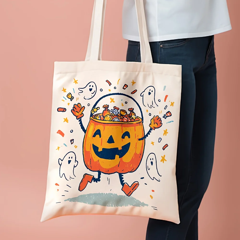 Women Stylish Pumpkin Patch Tote Bag Canvas Reusable Grocery Storage Bag with Pumpkin Motif Spacious for Shopping Travel