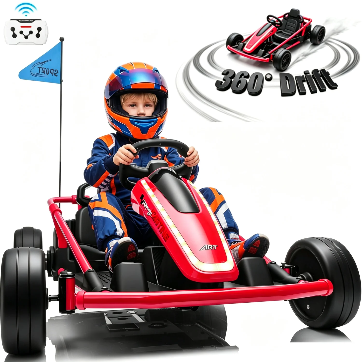 24V Kids Electric Go Kart Dual Motor Ride On Car with Remote Control, 5-10MPH 3 Speed Drift Kart for Kids, Bluetooth Music LED Lights, Max Load 135Lbs Outdoor Ride On Toy Vehicle Gift