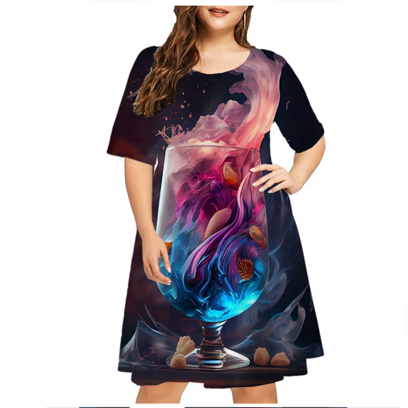 Vestido con estampado Floral de limón y copa de cristal para mujer, de talla grande ropa holgada, informal de manga corta para fiesta, verano, 2023