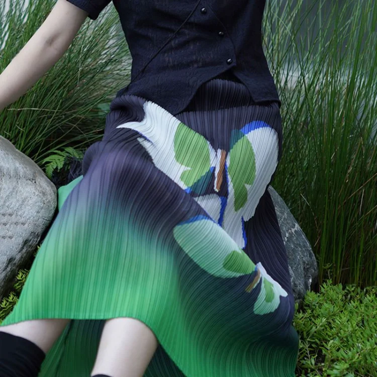 

Flower Print Ruched Green Skirt for Women Y2k High Waist All-match Faldas Mujer 2025 Summer New Mid-length Loose Skirts