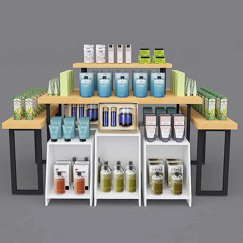 custom.Custom Modern Iron and Wood Combined Display Racks Cosmetics Store Island Display Cabinets