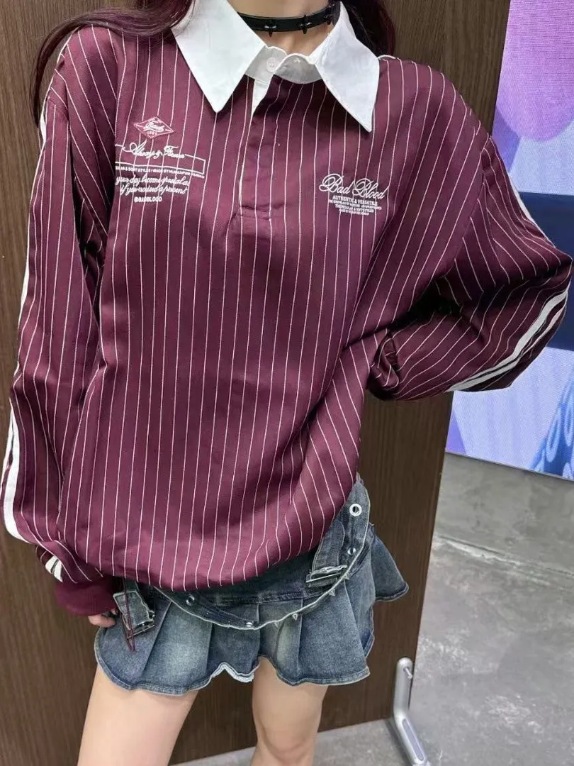 

Retro American irt Vertical Stripes Loose Long Sve Women's Lazy Sle Top Cotton Classic Collar Non-deformable