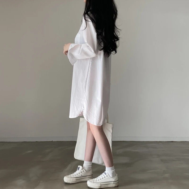 Chic décontracté Simple col longue Sve ample femmes irt Dr ort jupe printemps Faion coréen Sle Polyester Fiber