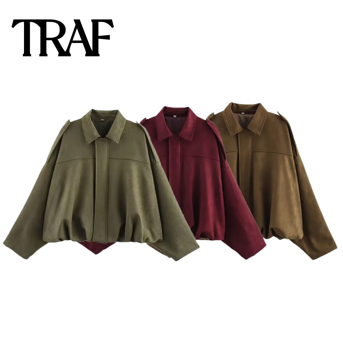 

TRAF retro street 2025 autumn new long sleeved pleated suede texture lapel pilot jacket versatile jacket