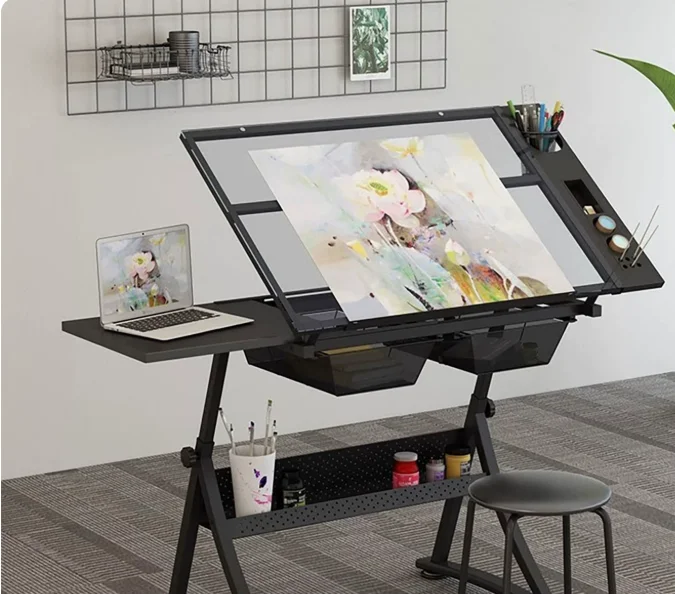 Adjustable Glass Top Drawing Desk Creative Studio Work Table for Art Drafting