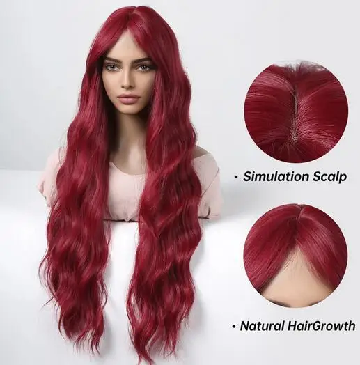 Wine Red Burgundy Long Water Wave Synthetic Wigs with Bangs for Women Cosplay Halloween Curly Wave Hair Wig Heat Resistant Fiber