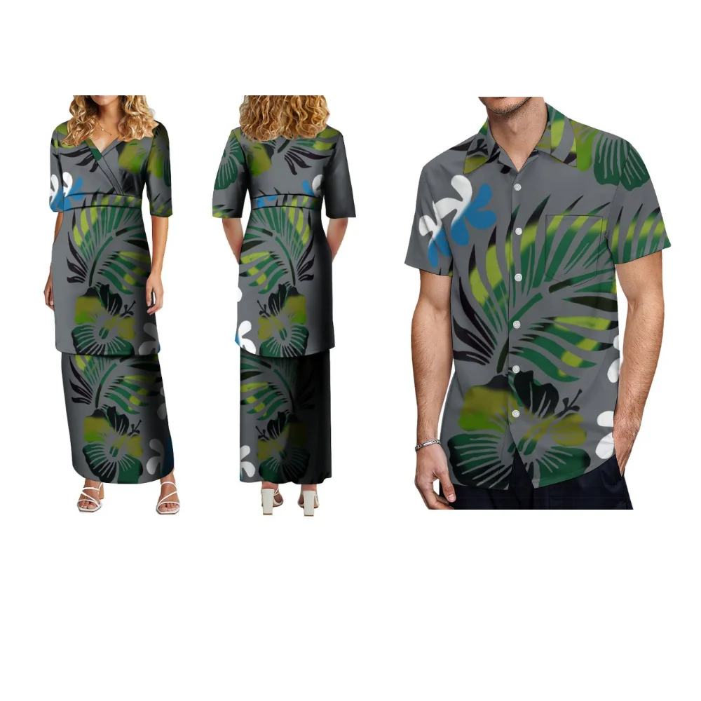 Summer Short Sleeve Men'S And Women'S Clothing Custom Pacific Island Ladies Puletasi Long Dress Set Polynesian Tribal Style