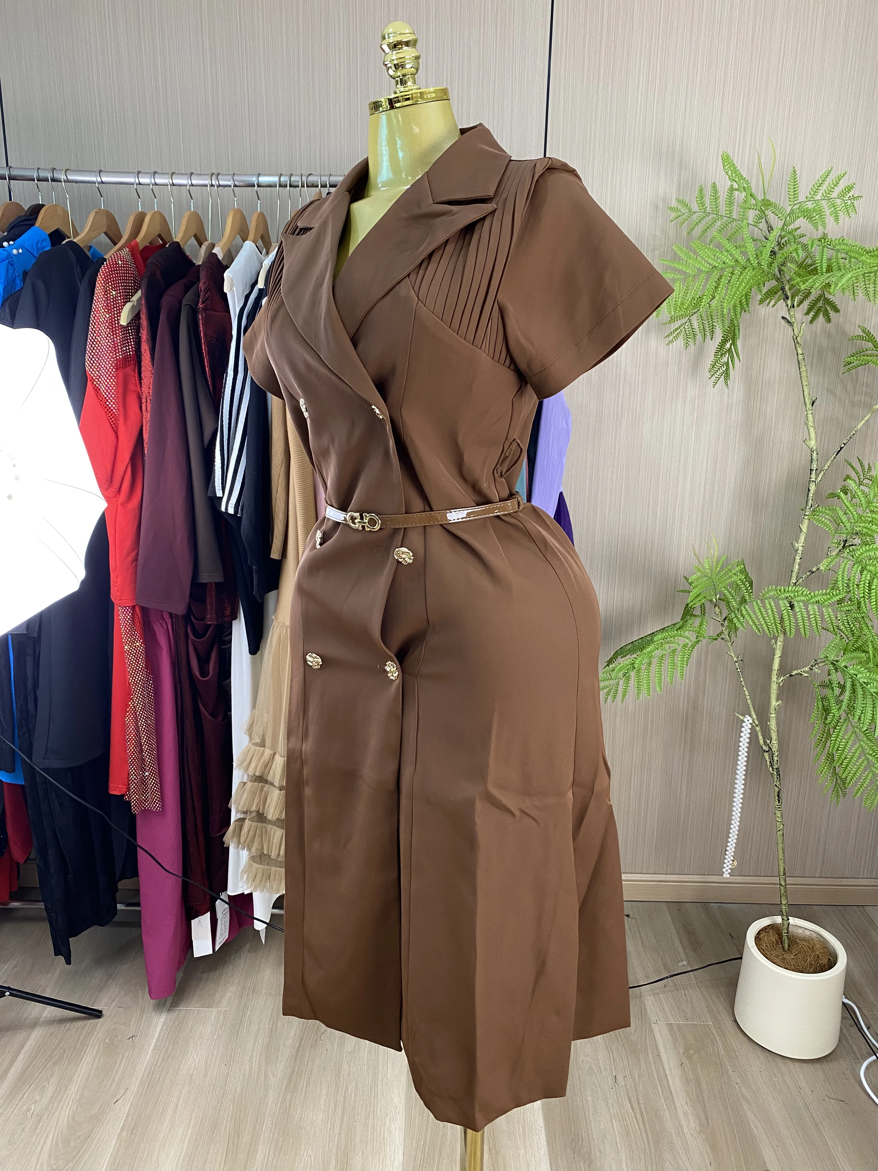 Stylish New Summer Mid-Length Blazer-Style Dress: Solid Color, Versatile, and Featuring Pleated Sleeves-GZXX1071