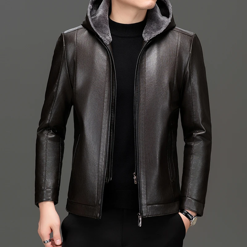 Winter Men Thick Thernal PU Leather Jacket With Dectachable Hood Design Warm Coat Business Casual Faux Fur Outerwear Effortless