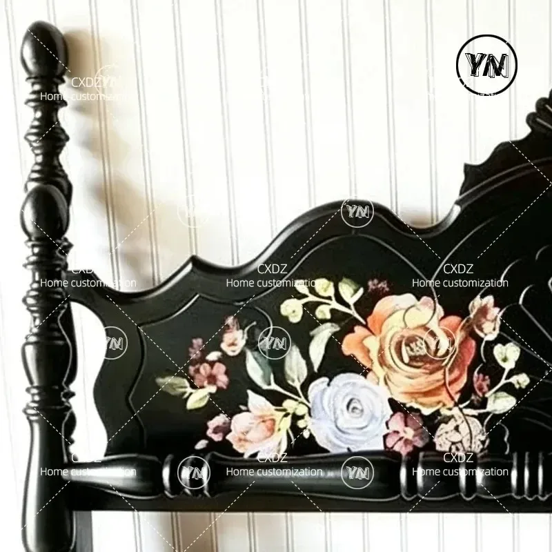 Painted Rose Black Solid Wood Double Bed French Retro Flower Carved Single Bed Wabi Sabi Style Villa Bedroom Furniture